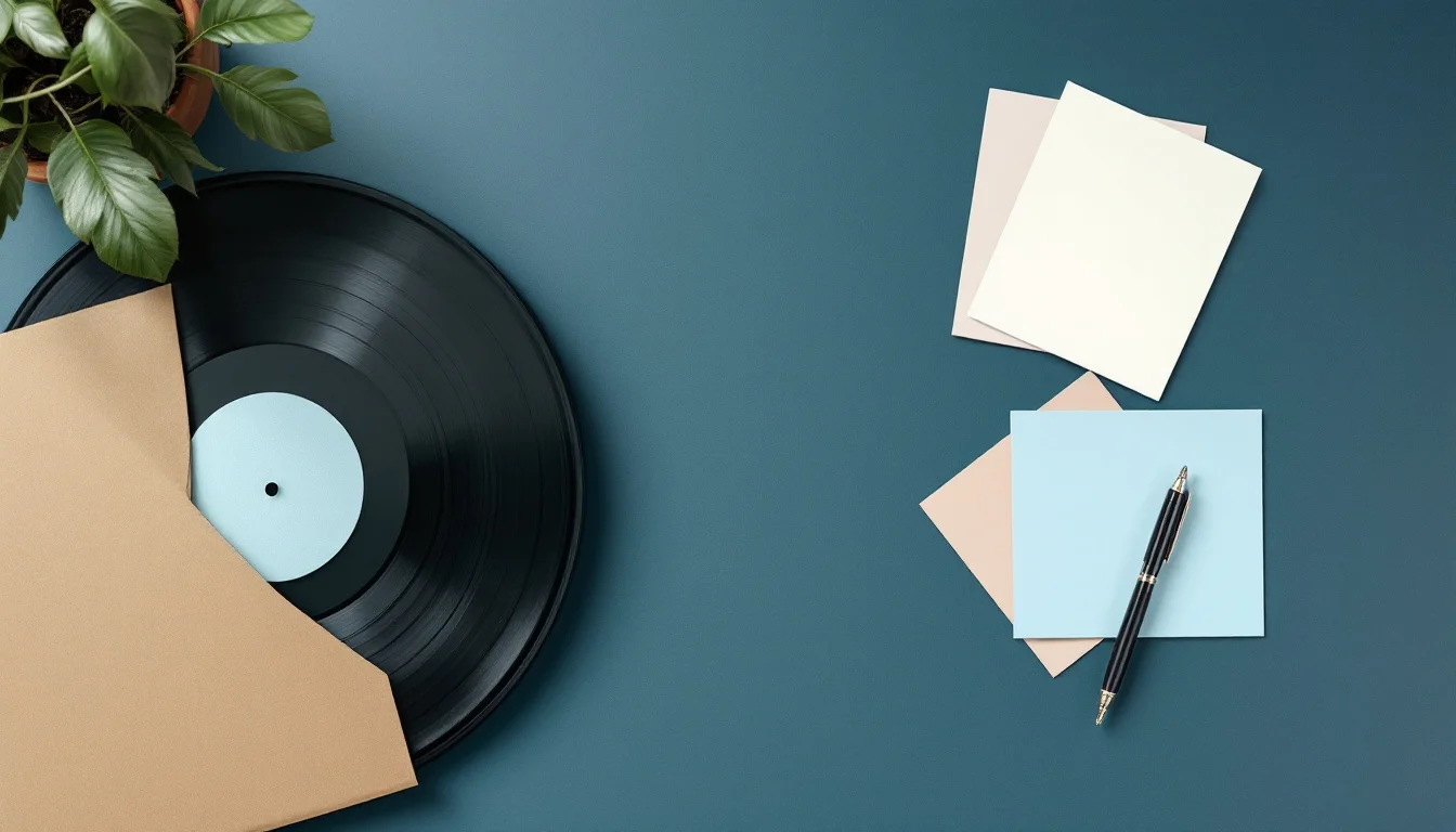 Black vinyl record and blank planning cards on a desk for an independent label’s first release